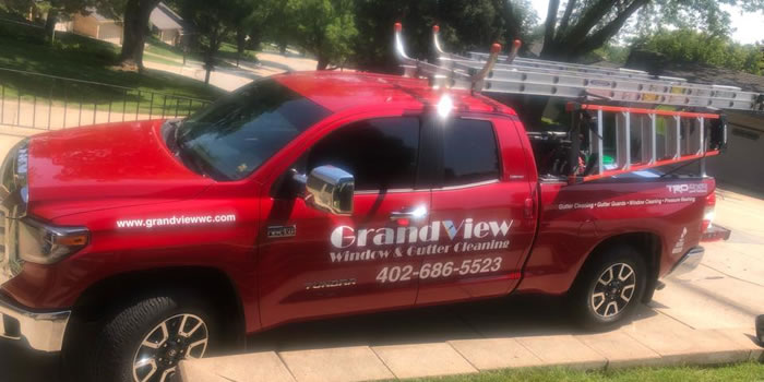 Grandview Window & Gutter Cleaning branded service truck in Omaha, NE